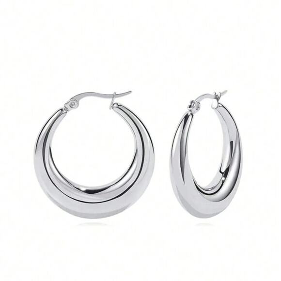 NEW Elegant Silver Stainless Steel Chunky Large Hoop Earrings - Picture 2 of 8
